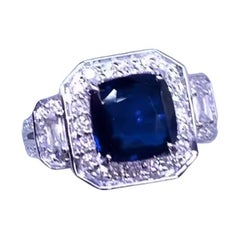 AIG Certified 3.18 Ct Ceylon Sapphires  1.30 Ct Diamonds 18K Gold Art Decó Ring 
