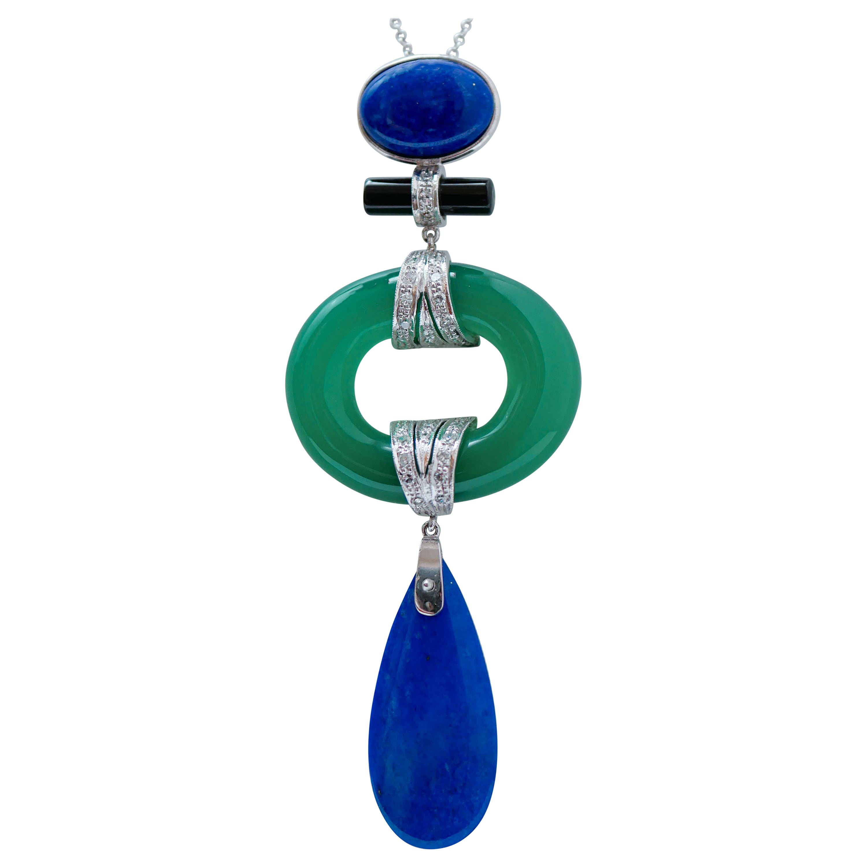 Green Agate, Lapis, Onyx, Diamonds, Platinum Pendant Necklace.