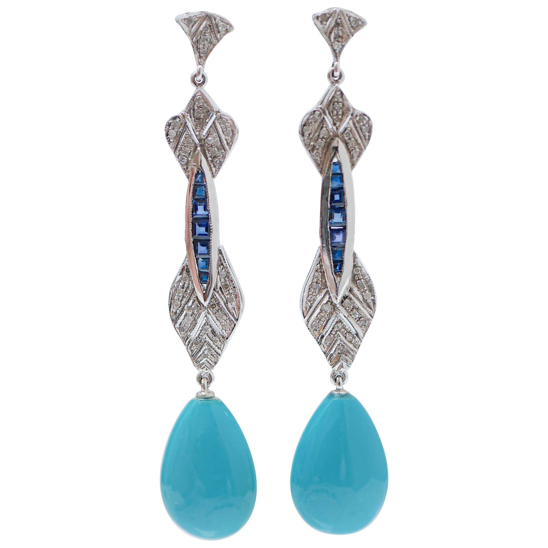 Turquoise, Sapphires, Diamonds, Platinum Dangle Earrings. For Sale
