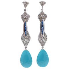 Turquoise, Sapphires, Diamonds, Platinum Dangle Earrings.