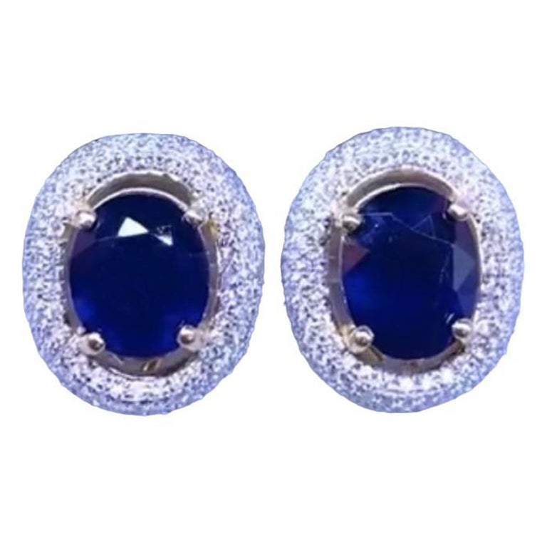 AIG Certified 6.85 Ct  Blue Ceylon Sapphires  Diamonds 18K Gold Earrings  For Sale