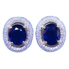 AIG Certified 6.85 Ct  Blue Ceylon Sapphires  Diamonds 18K Gold Earrings 