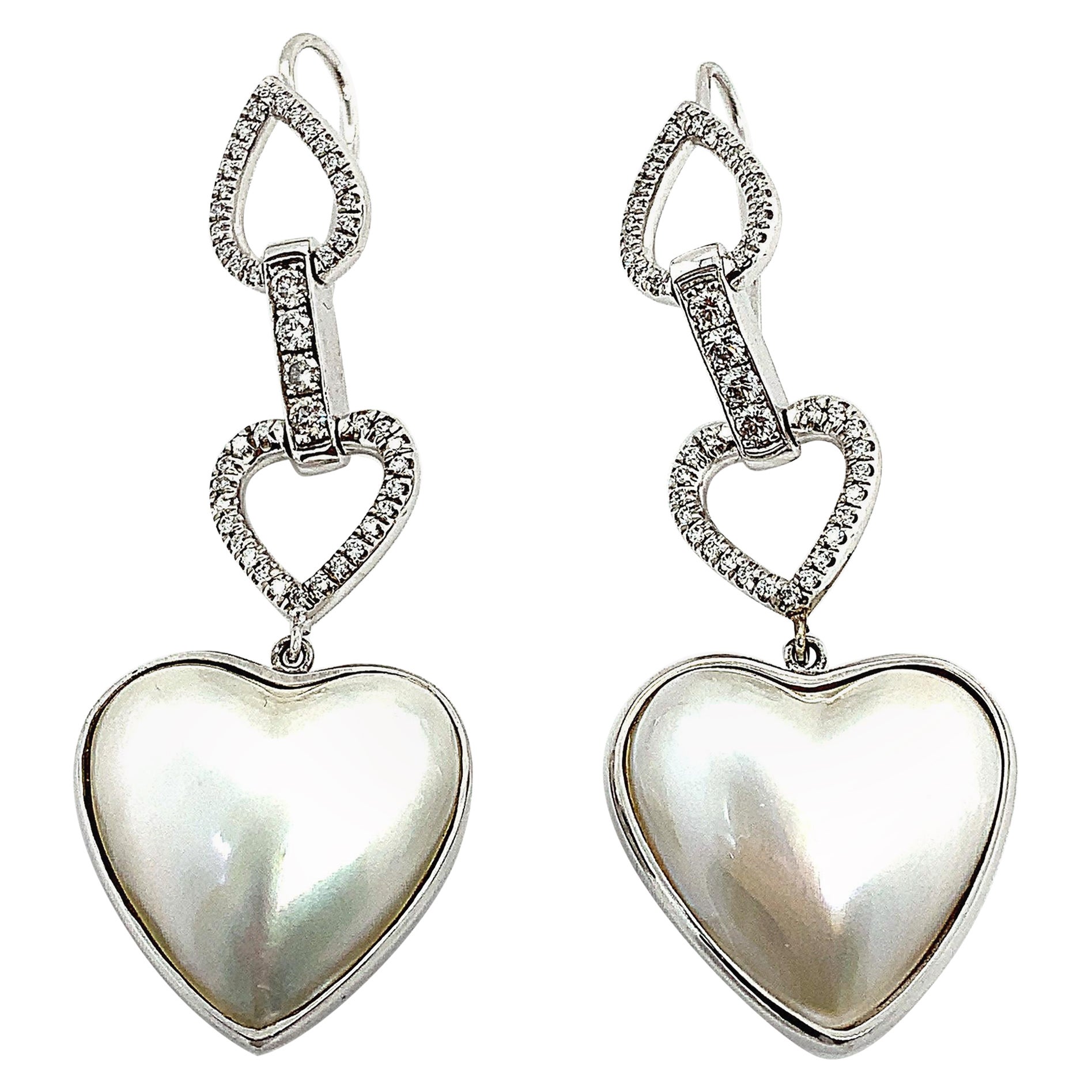 Pearl heart shape drop dangle earrings 18k white gold For Sale