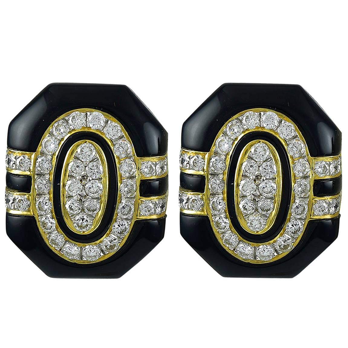 Gorgeous Black Enamel Diamond Gold Earrings For Sale