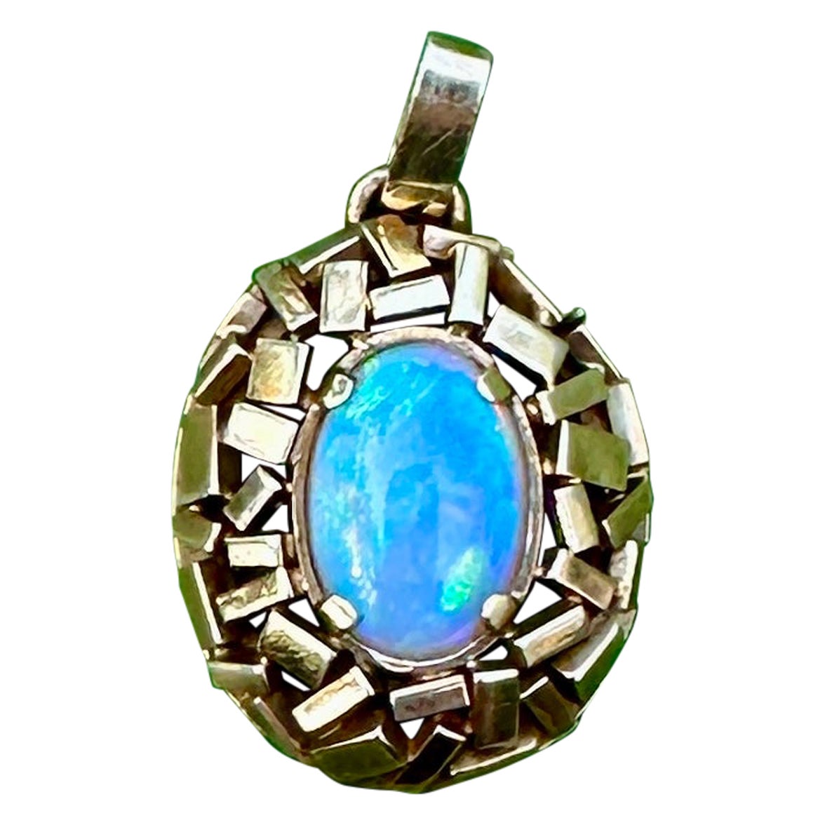 Opal Pendant Necklace Green Blue Red Yellow Fire 14 Karat Gold Antique Retro For Sale