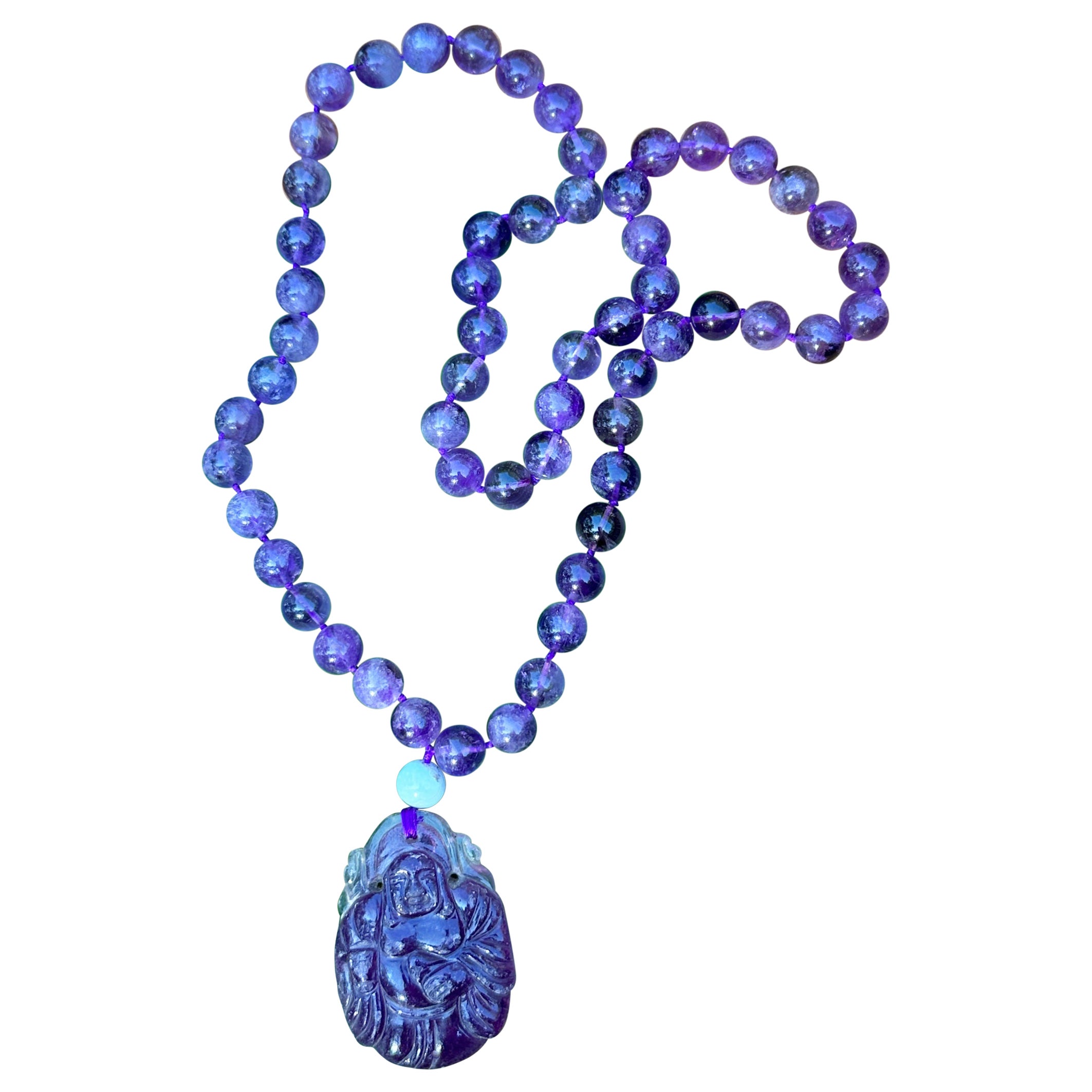 Amethyst Smiling Buddha Glockenanhänger Halskette 27 Zoll Amethyst Perlen im Angebot