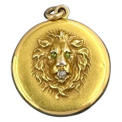 Victorian Lion Locket Old Mine Cut Diamond Peridot Gold Pendant Necklace 