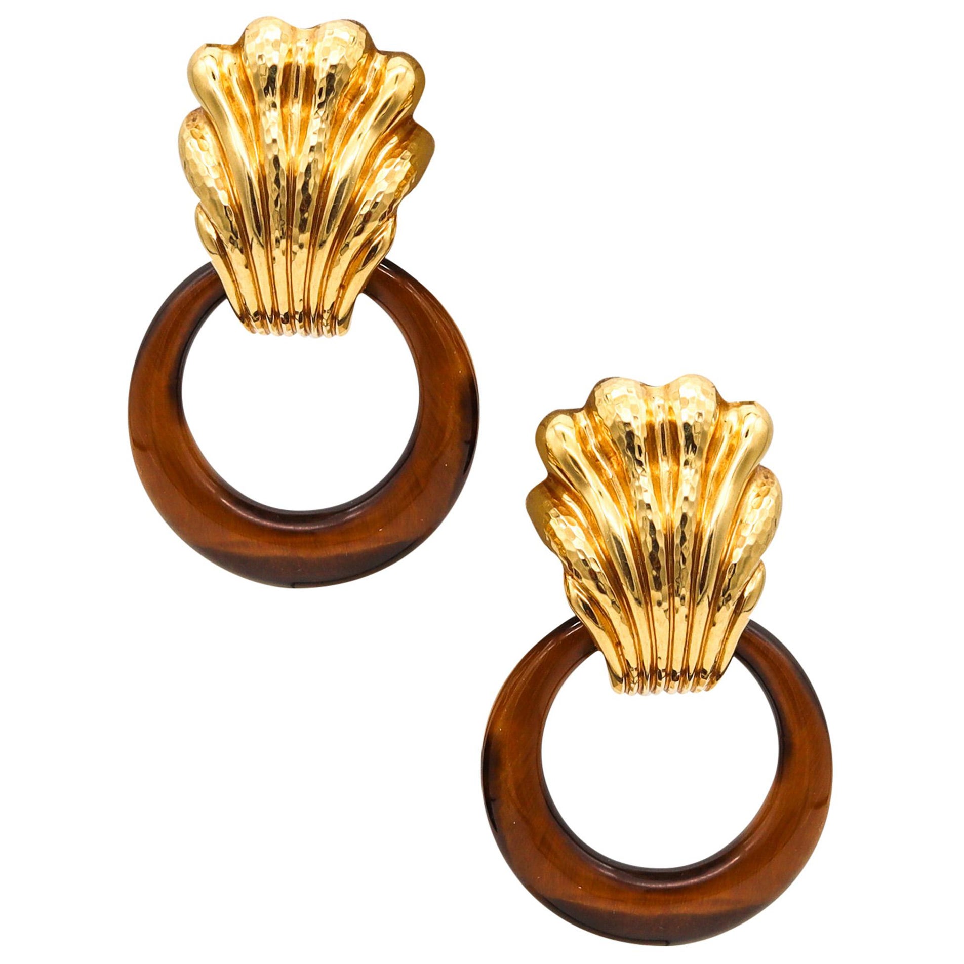 Andrew Clunn Convertible Doorknockers Earrings In 18Kt Gold With Tiger Eye For Sale