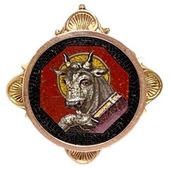 Antike 18k Gold MICRO MOSAIC St. Luke The Bull, Taurus viktorianische Brosche, Pin