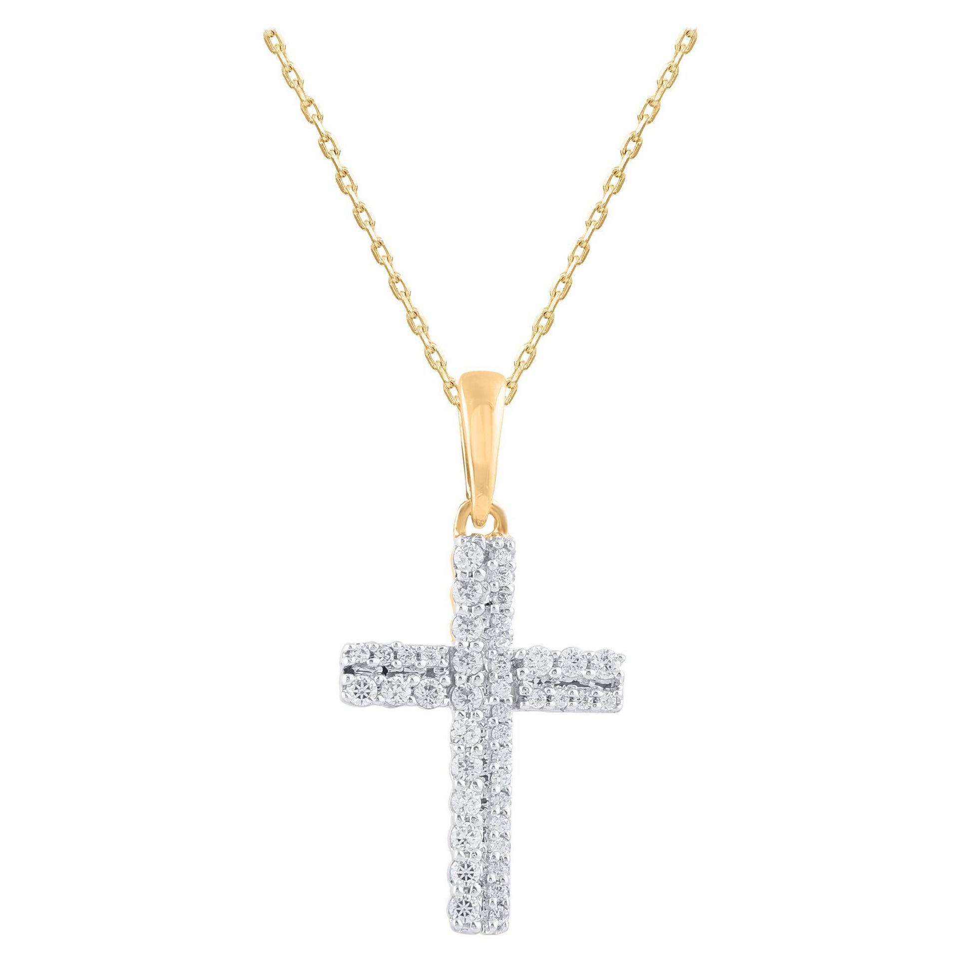 TJD 0.20 Carat Round Cut Diamond Cross Pendant Necklace in 14 Karat Yellow Gold For Sale