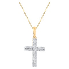 TJD 0.20 Carat Round Cut Diamond Cross Pendant Necklace in 14 Karat Yellow Gold