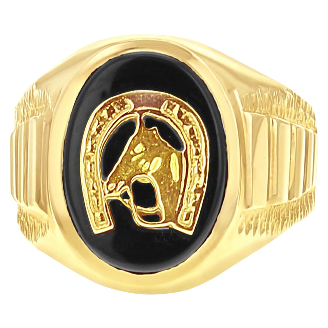 Black Onyx Horseshoe Horse Head Ring 14k Yellow Gold  For Sale