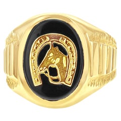 Onyx noir Bague tête de cheval en fer à cheval or jaune 14k 