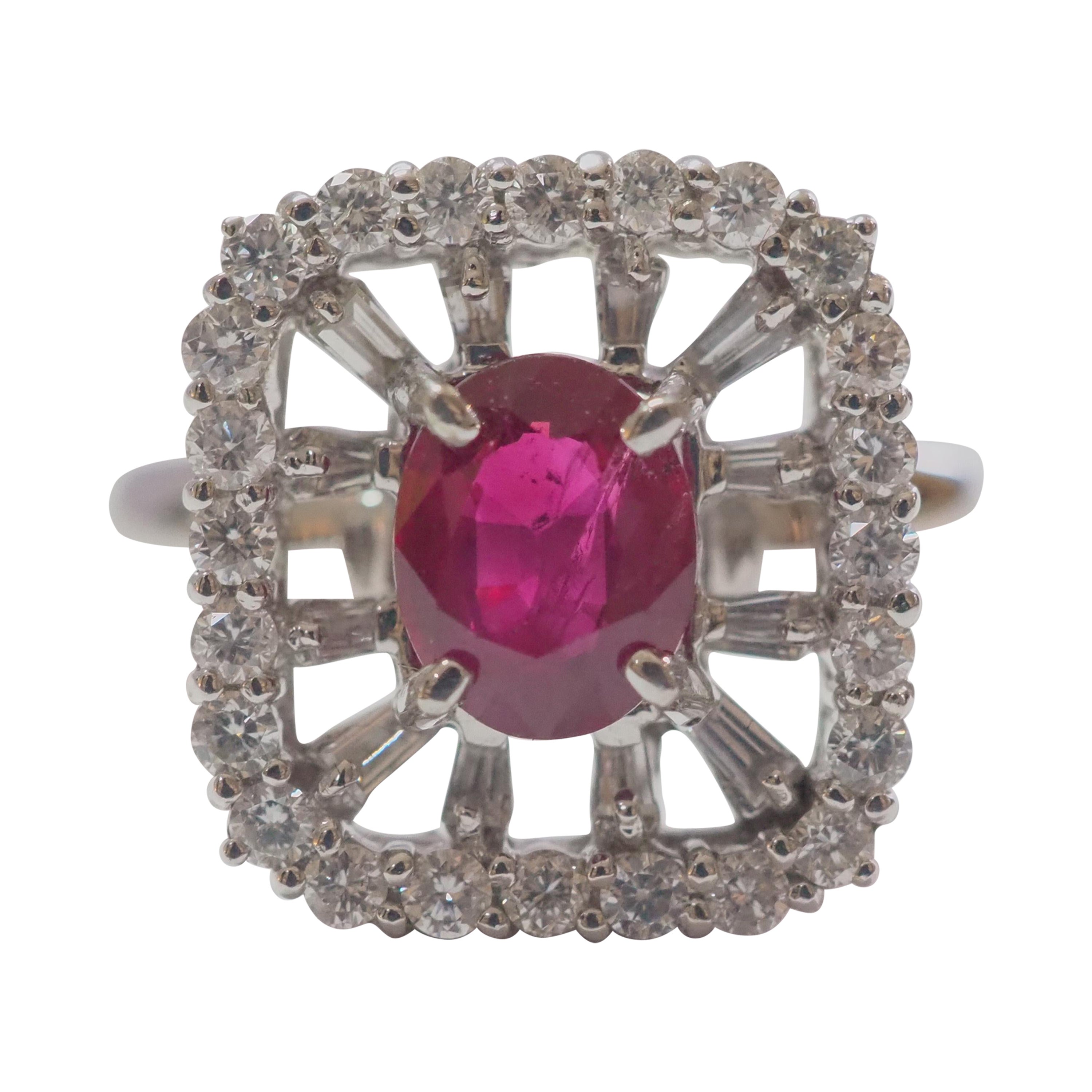 AIGS 18k White Gold 1.28ct Oval Thai Ruby & 0.7ct Diamond Cocktail Ring