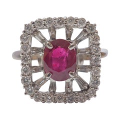AIGS 18k White Gold 1.28ct Oval Thai Ruby & 0.7ct Diamond Cocktail Ring