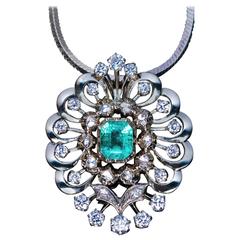 Emerald Diamond White Gold Openwork Pendant 1930S