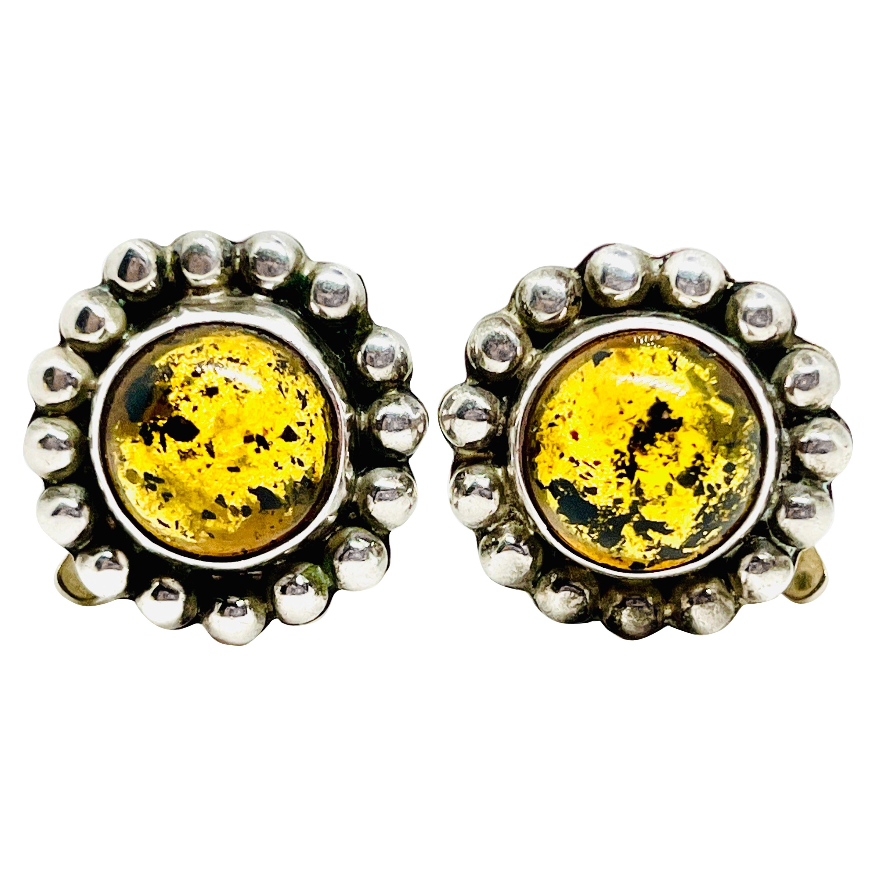 Taxco Silver, Chiapas Yellow Amber Cabochon Clip Earrings, Marked For Sale