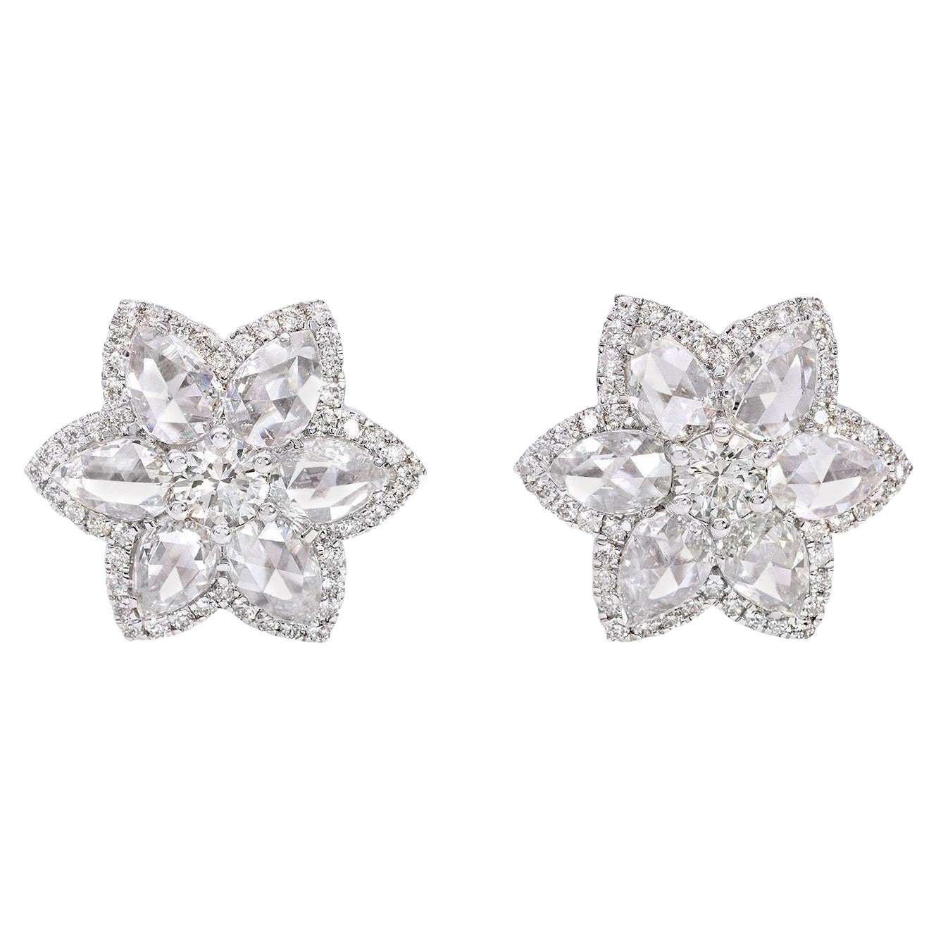 Clous floraux ronds et brillants en diamants taille rose de 3,5 carats en vente