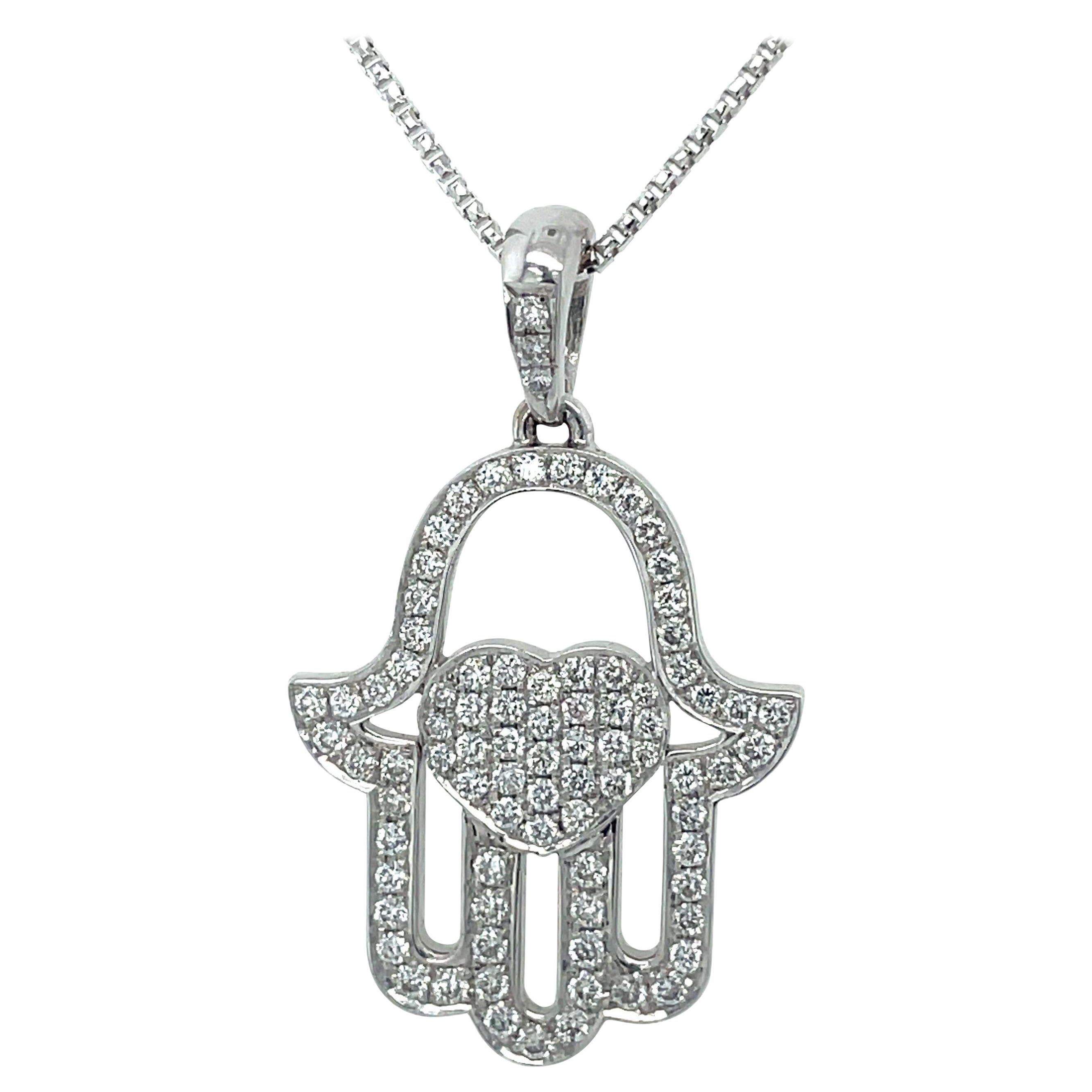 Hamsa Diamonds Necklace & Pendant, 0.6CT  Diamond Hamsa Pendant, 18k White Gold