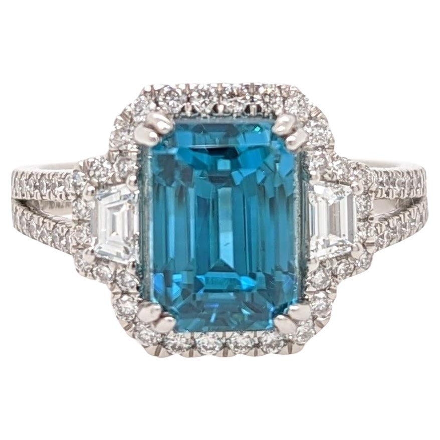 5.3ct Blue Zircon Ring in Platinum w Natural Diamonds Emerald Cut 9x7mm