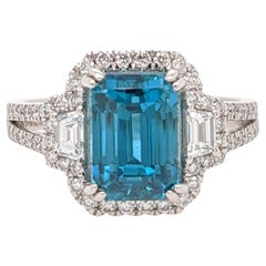 5.3ct Blue Zircon Ring in Platinum w Natural Diamonds Emerald Cut 9x7mm