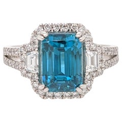 5.3ct Blue Zircon Ring in Platinum w Natural Diamonds Emerald Cut 9x7mm