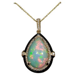 6.8ct Opal Pendant w Earth Mined Diamonds & Black Enamel in 14K Gold Pear 19x13