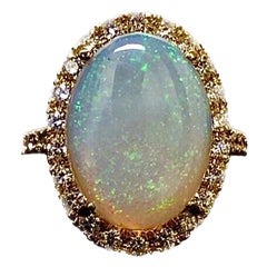 Halo Diamond 18K Yellow Gold 5.80 Carat Oval Australian Opal Engagement Ring