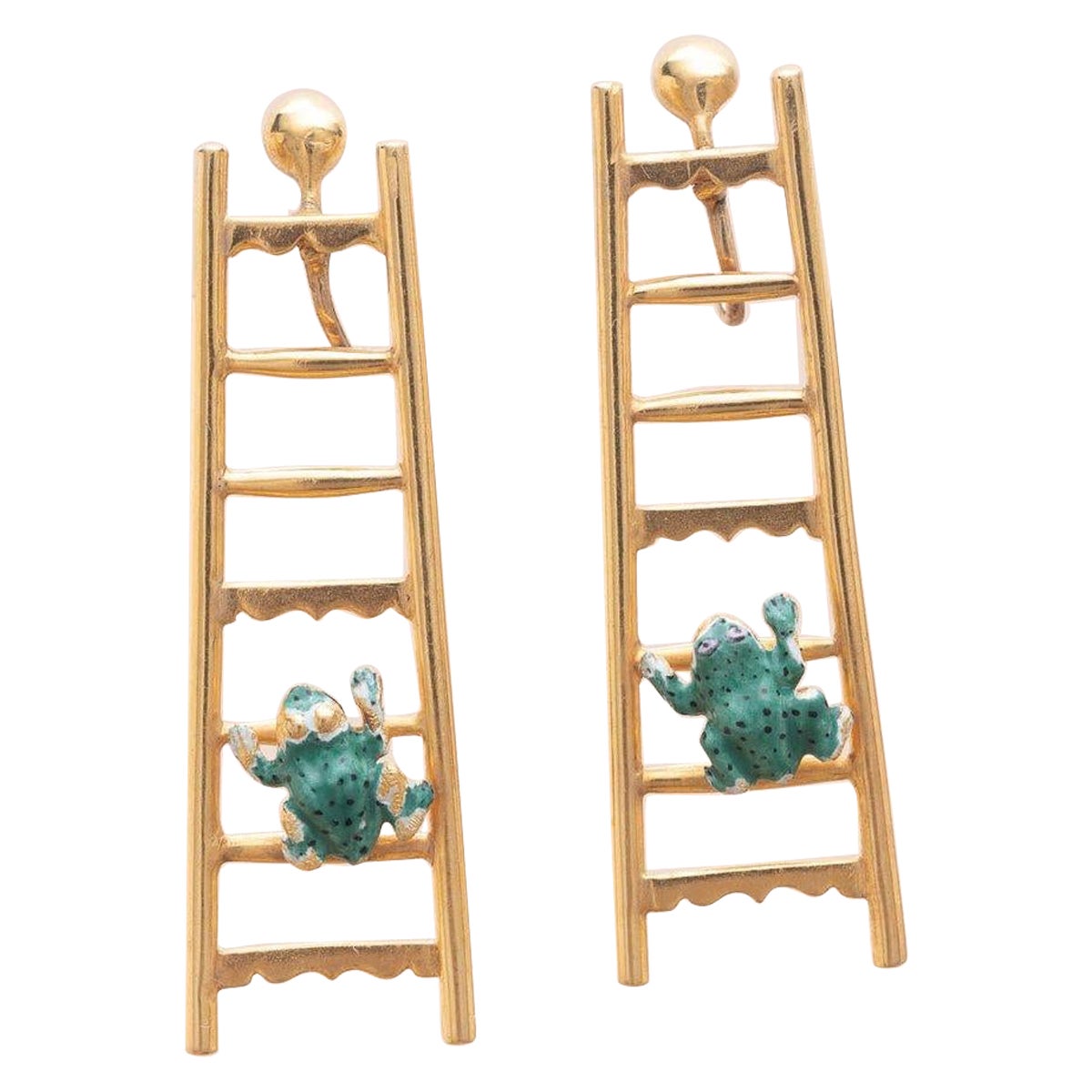 Unique 1910s Frogs on ladders earrings  For Sale