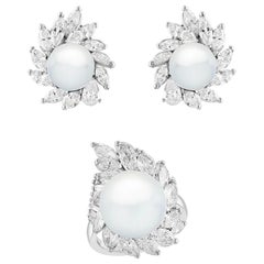 25Ct Marquise & Pear Diamond & South sea Pearl Stud Earring, Ring Platinum 1960'