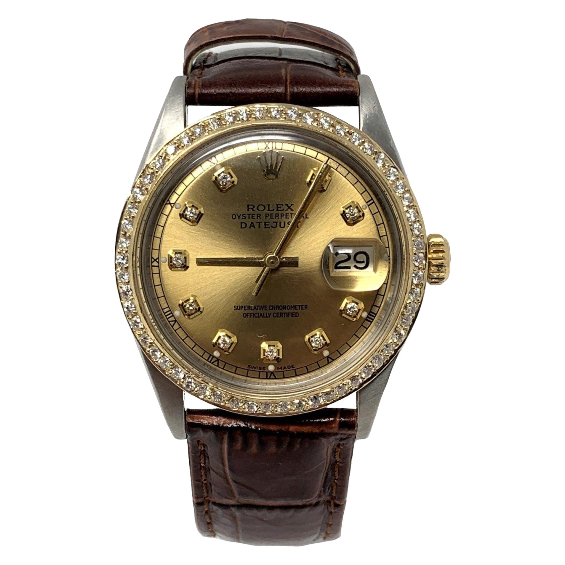 Rolex Unisex 36mm Datejust 1603 Champagne Diamond On Brown Leather  For Sale