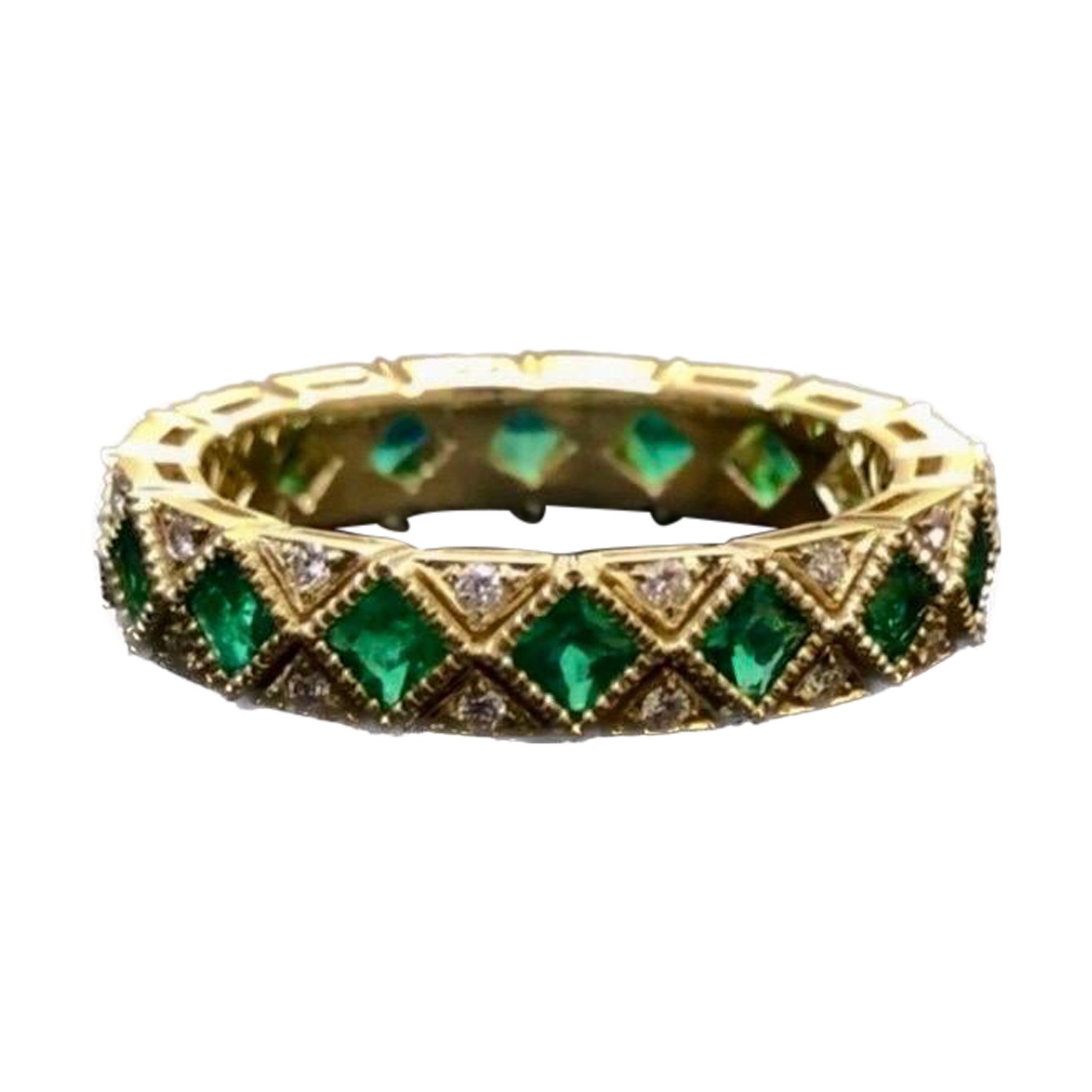 18K Yellow Gold Art Deco Eternity Diamond Princess Cut Emerald Engagement Band  For Sale