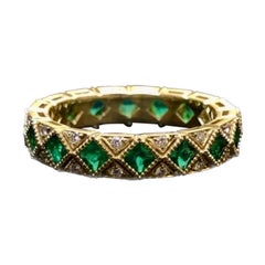 18K Yellow Gold Art Deco Eternity Diamond Princess Cut Emerald Engagement Band 