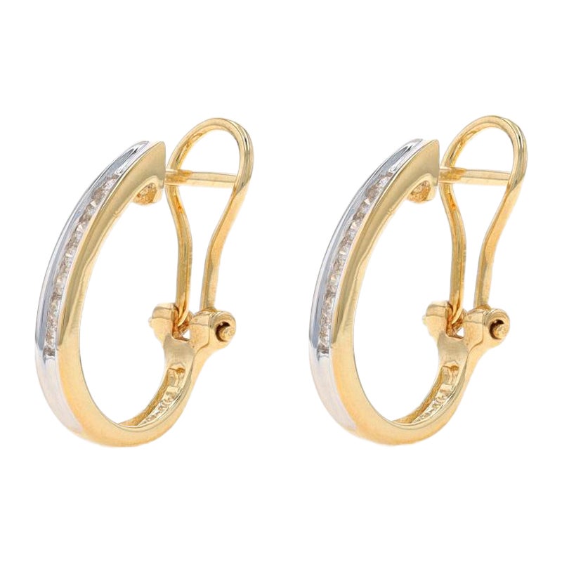 Yellow Gold Diamond J-Hoop Earrings - 14k Round .28ctw Channel Set Pierced For Sale