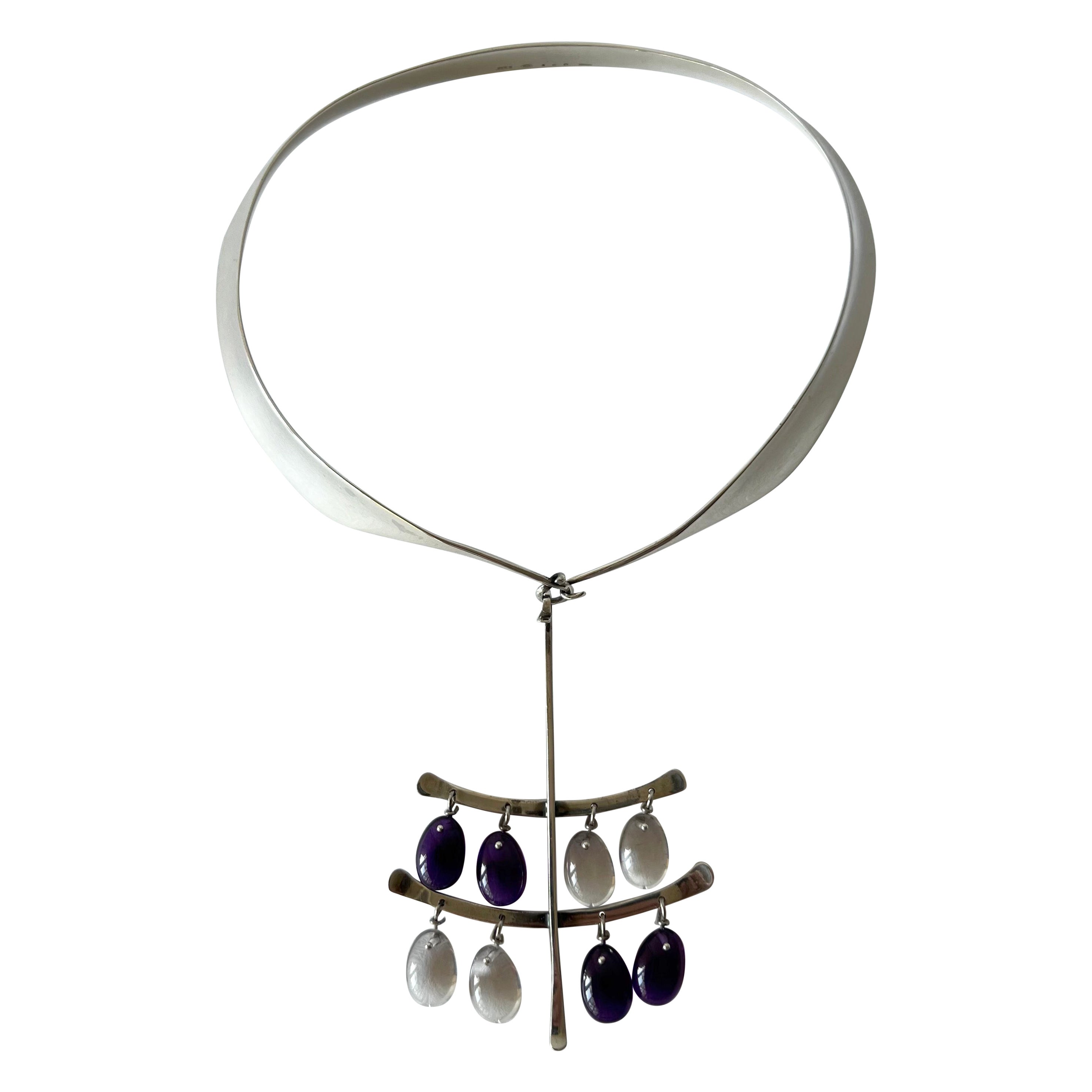 Rare 1960s Vivianna Torun Georg Jensen Silver Amethyst Crystal Pendant Necklace For Sale