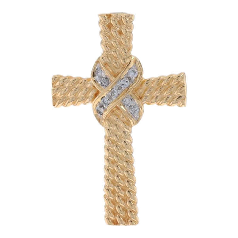 Yellow Gold Diamond Cross Pendant - 14k Round Brilliant .10ctw Faith Rope Knot For Sale