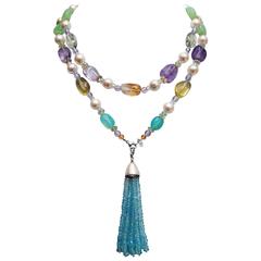 Multi-gemstone Long Sautoir Aquamarine Pearl Tassel