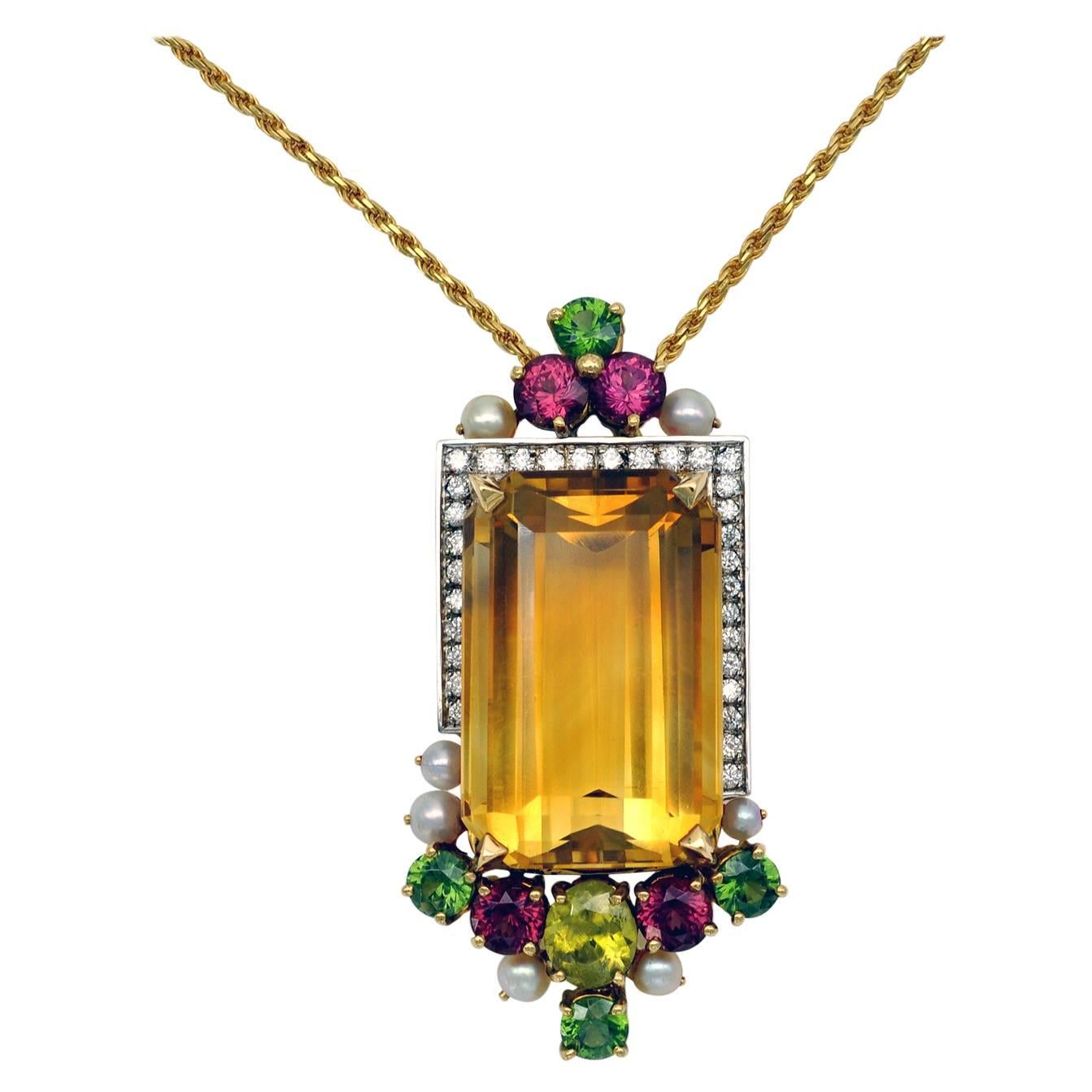 Citrine Mixed Stones and Pearl Gold Pendant For Sale