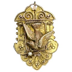 Viktorianische Halskette mit Anhänger, Taube Vogel Medaillon, Etruskische Revival Perle Gold