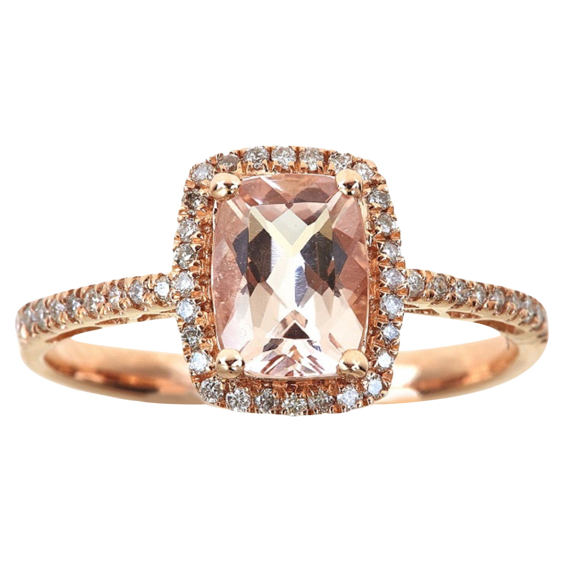 1.30 Carat Morganite Cushion Cut Diamond Accents 10K Rose Gold Classic Ring For Sale