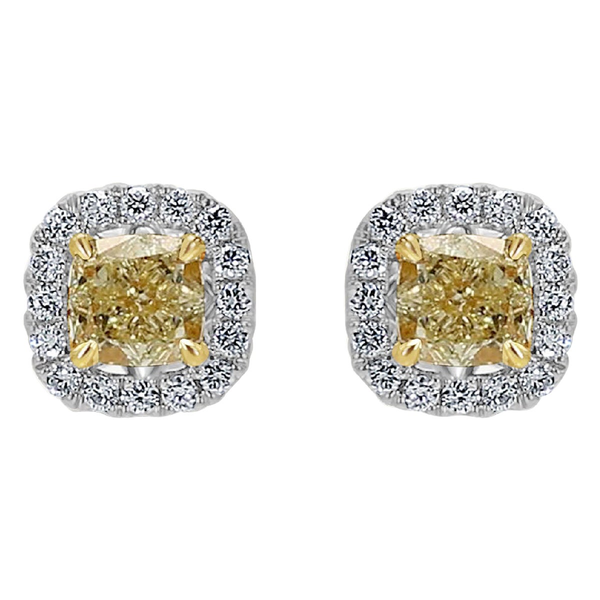 Natural Yellow Cushions and White Diamond 1.70 Carat TW Gold Stud Earrings For Sale
