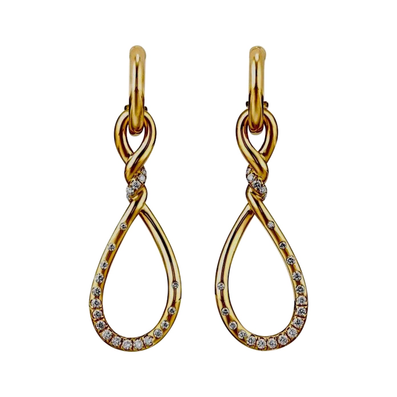 David Yurman Twisted 18K Yellow Gold Continuance Diamond Drop Earrings For Sale