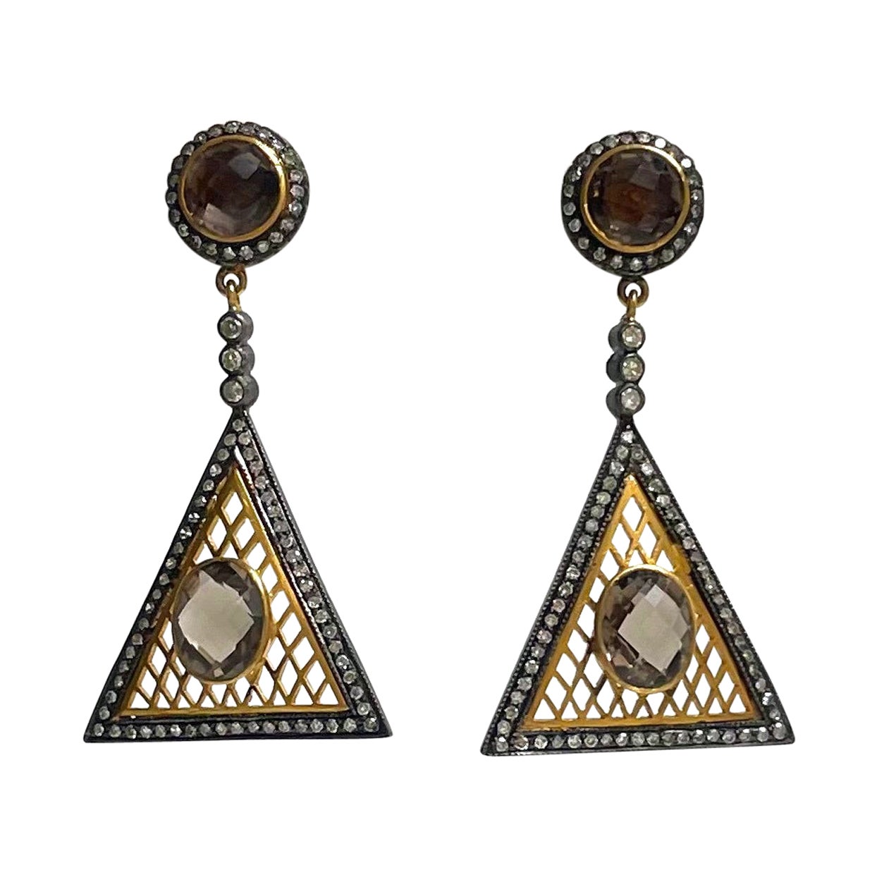 Smoky Quartz and Diamonds Geometrical Paradizia Earrings For Sale