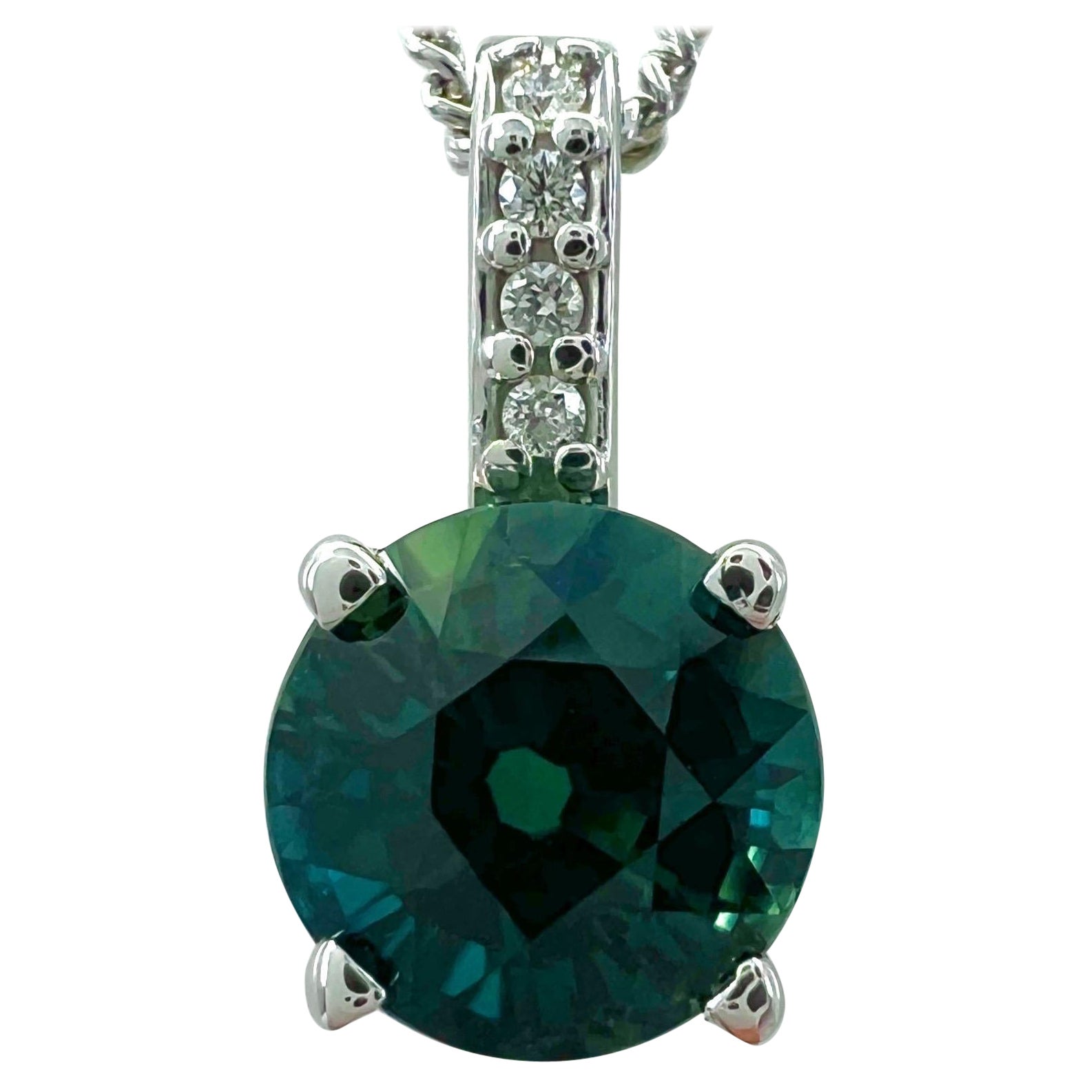 1.04ct IGI Certified Unheated Green Blue Sapphire 18k White Gold Diamond Pendant