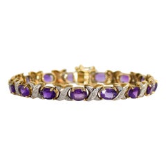 Retro 14K Yellow Gold Amethyst & Diamond Bracelet Weave Pattern 7mm Wide - Length 7"