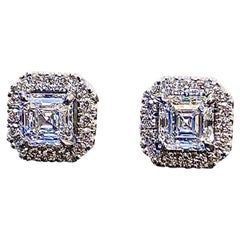Halo Platinum GIA Certified 2.36 Carat F Color Asscher Cut Diamond Earrings