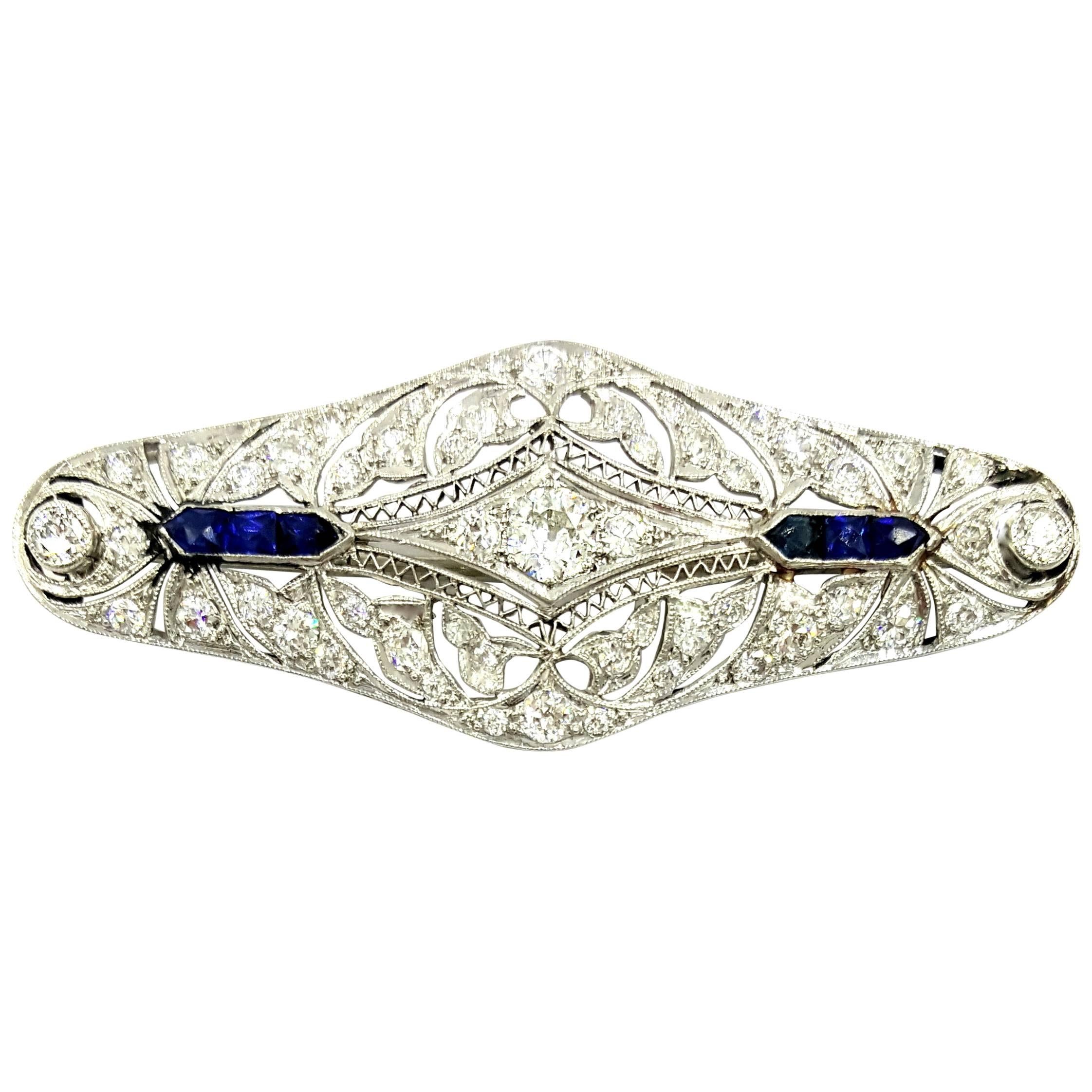 Art Deco Diamond Sapphire Brooch  For Sale