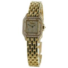 Ladies Cartier Panthere 18k Yellow Gold Watch W/ Diamond Bezel & Paved Dial
