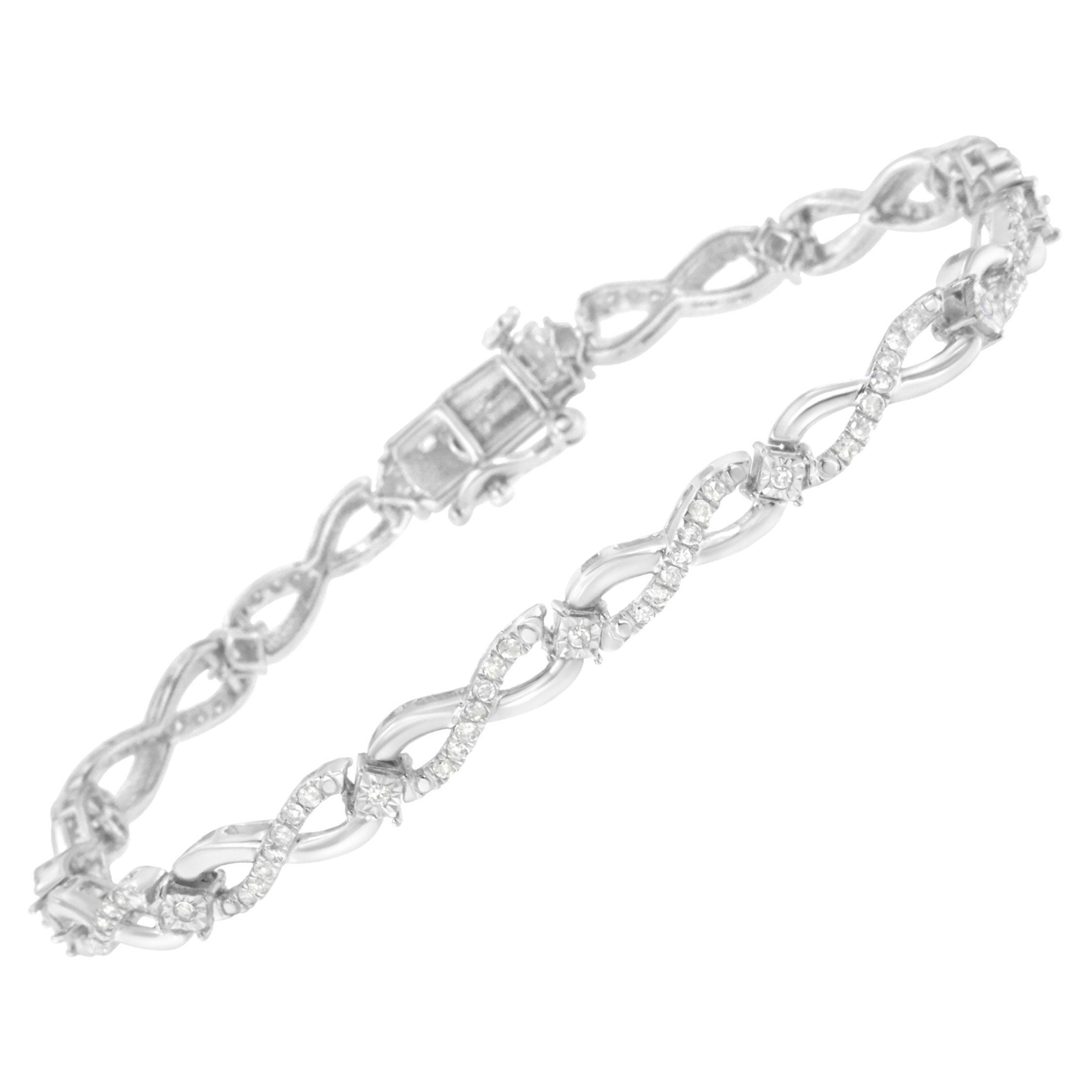 .925 Sterling Silver 1.0 Carat Prong Set Diamond Infinity Link Bracelet For Sale