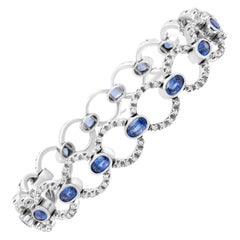18K White Gold 6 Ct Diamond and Oval Blue Sapphire Openwork Circle Link Bracelet